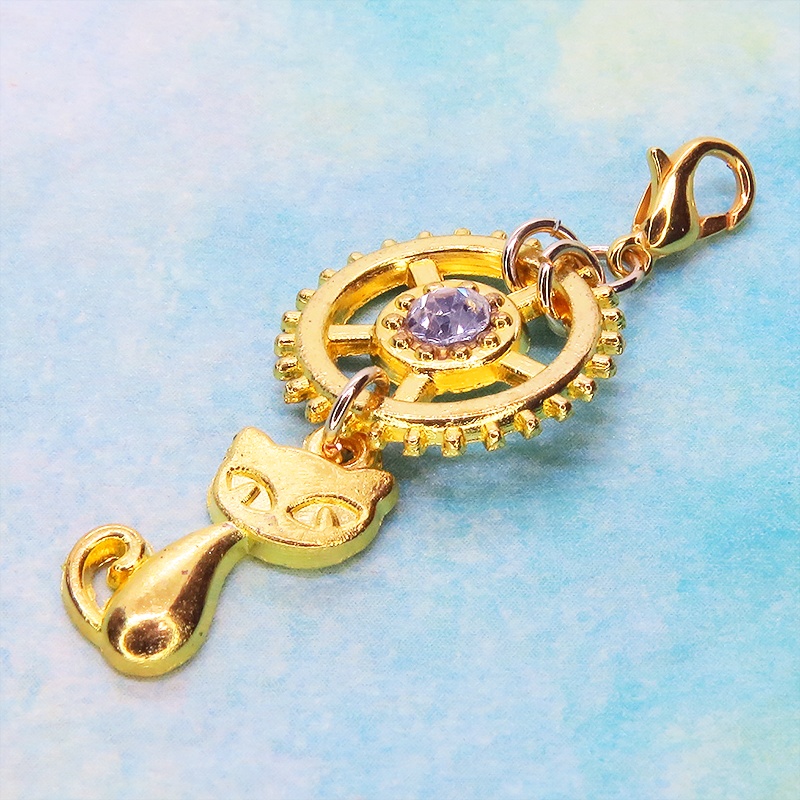 マスクチャーム 猫と大きめ歯車のチャーム ゴールドカラー スワロフスキー(クリアカラー) キーホルダー ペンダント