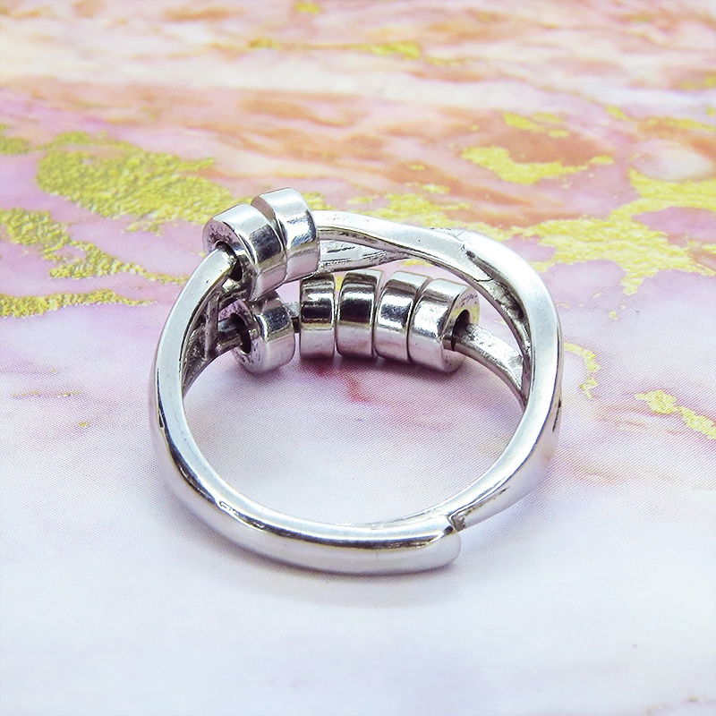 シルバー925 なめらかな曲線を描くパンクロック風メタルビーズ付きフリーサイズリング メタルビーズ可動