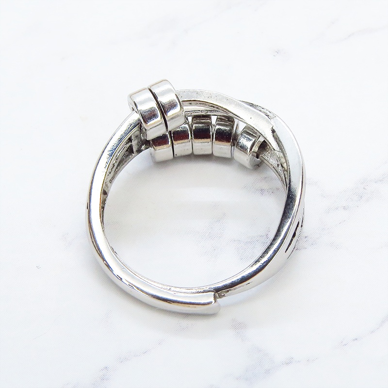 シルバー925 なめらかな曲線を描くパンクロック風メタルビーズ付きフリーサイズリング メタルビーズ可動