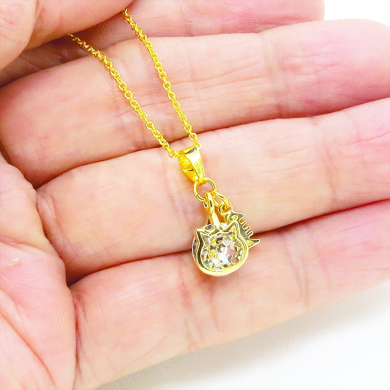 18KゴールドPTD シルバー925 かわいい猫フレームのスワロフスキー(9色選択)と魚のチャームのネックレス アジャスター可