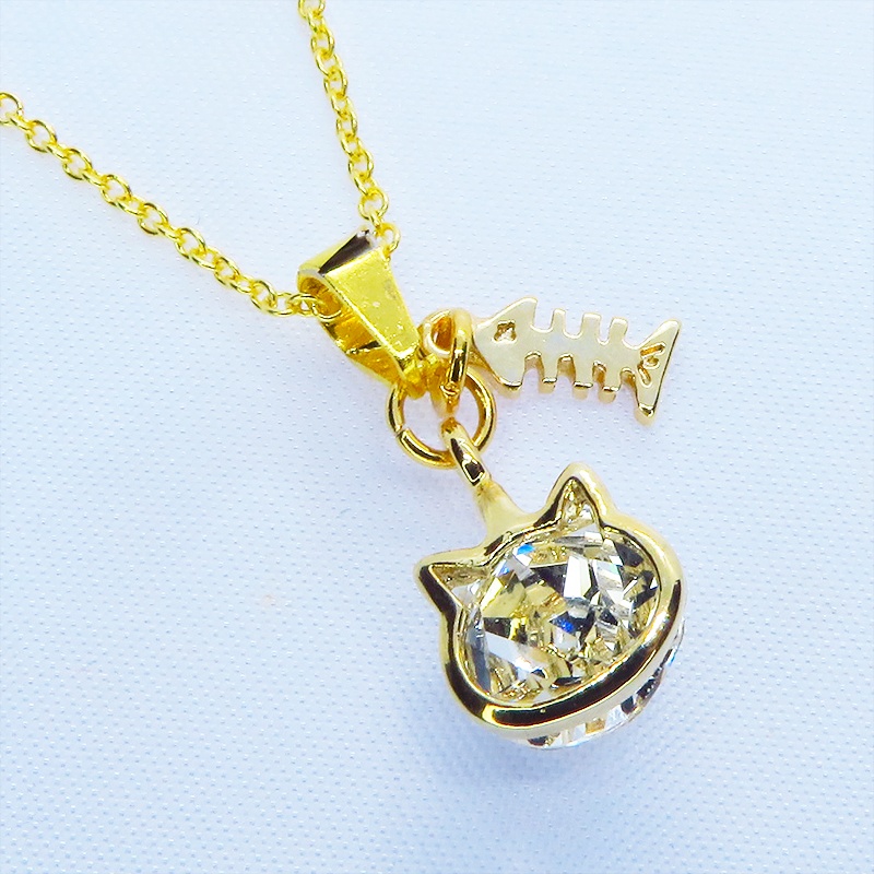 18KゴールドPTD シルバー925 かわいい猫フレームのスワロフスキー(9色選択)と魚のチャームのネックレス アジャスター可