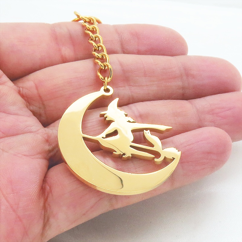 ステンレス製 ホウキにまたがる魔女と猫と三日月のキーホルダー ゴールドカラー バッグチャーム 魔法使い 猫 シルエット