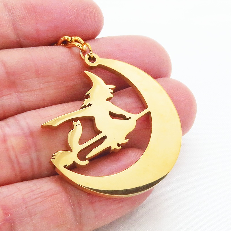 ステンレス製 ホウキにまたがる魔女と猫と三日月のキーホルダー ゴールドカラー バッグチャーム 魔法使い 猫 シルエット