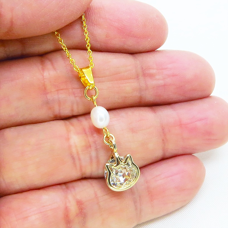 18Kゴールドプレート シルバー925 かわいい猫フレームのスワロフスキー(9色選択)と淡水パールの大人可愛いネックレス