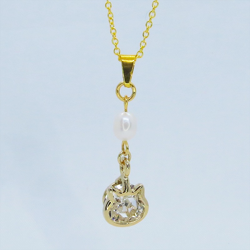 18Kゴールドプレート シルバー925 かわいい猫フレームのスワロフスキー(9色選択)と淡水パールの大人可愛いネックレス