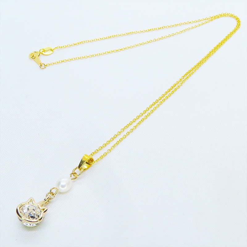 18Kゴールドプレート シルバー925 かわいい猫フレームのスワロフスキー(9色選択)と淡水パールの大人可愛いネックレス