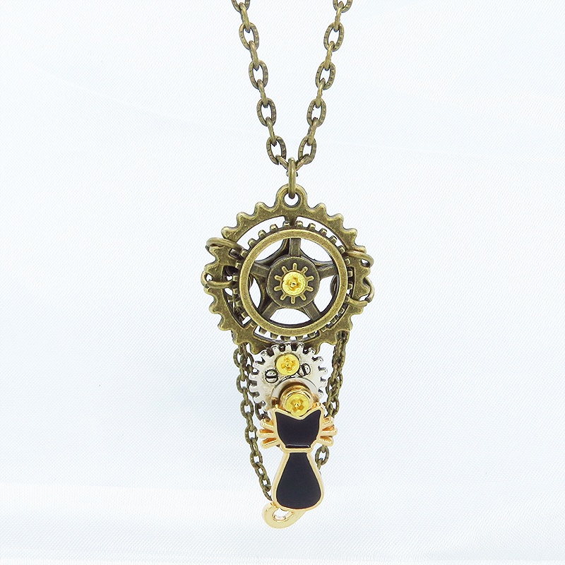 スチームパンク風 可動ギミックありの黒猫と歯車のネックレス 2連チェーン 模様付きチェーン レジン加工
