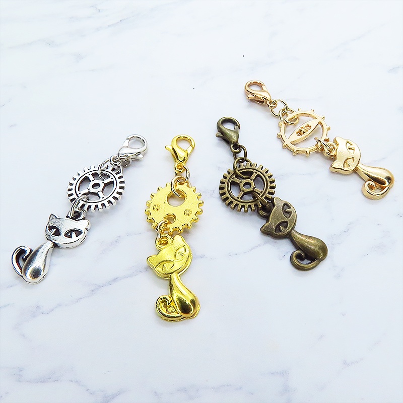 マスクチャーム 猫と歯車の可愛いチャーム 4種選択 スチームパンク風 シルバー ゴールド アンティーク マットゴールド