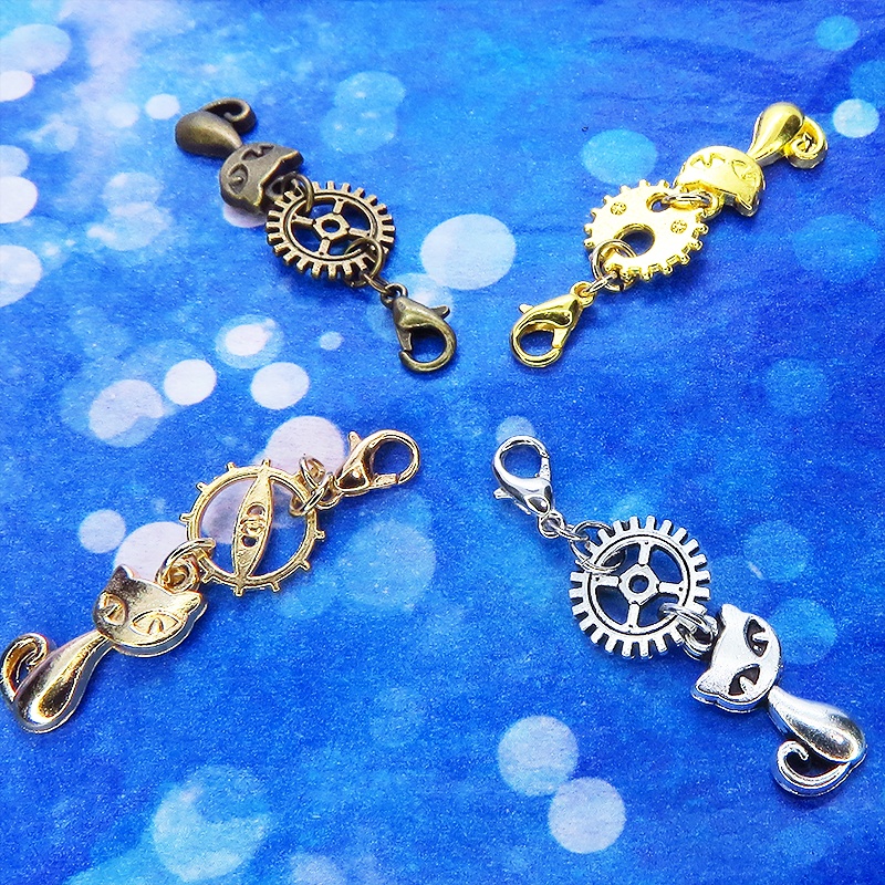 マスクチャーム 猫と歯車の可愛いチャーム 4種選択 スチームパンク風 シルバー ゴールド アンティーク マットゴールド