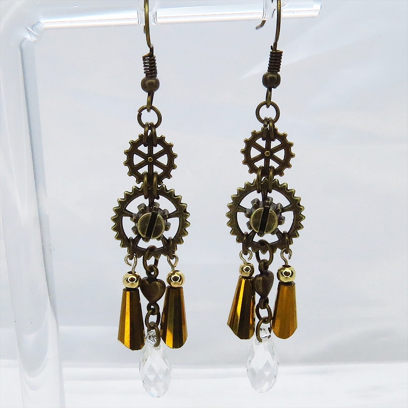 スチームパンク風 アンティークゴールド メタルタッセルピアス ガラス ラインストーン 歯車 ハート サージカル可