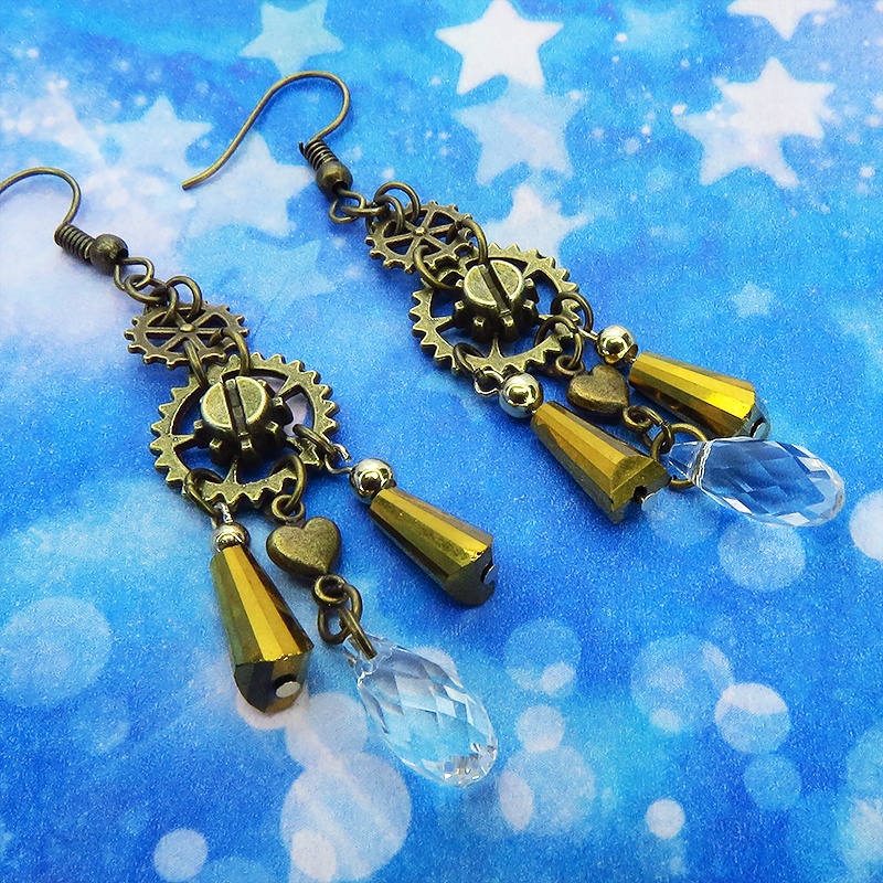 スチームパンク風 アンティークゴールド メタルタッセルピアス ガラス ラインストーン 歯車 ハート サージカル可