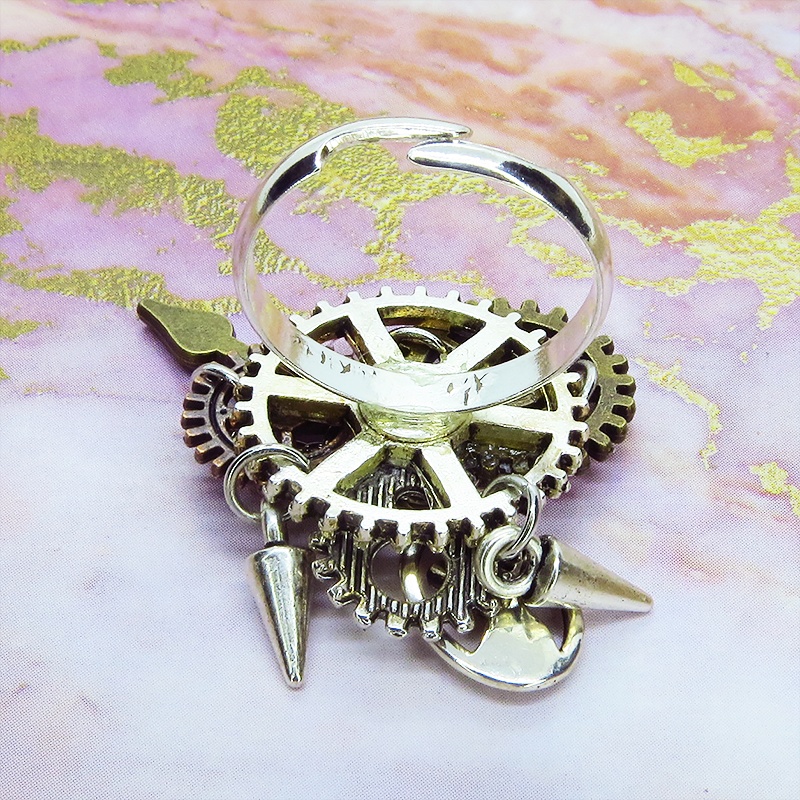 アンティークシルバー 猫と歯車の本格的スチームパンクリング フリーサイズ チェーン アンティークゴールドブロンズ