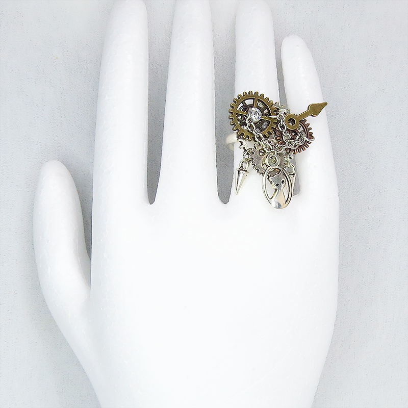 アンティークシルバー 猫と歯車の本格的スチームパンクリング フリーサイズ チェーン アンティークゴールドブロンズ