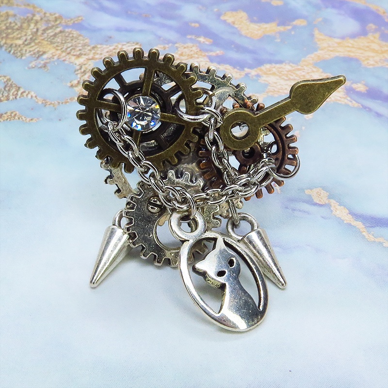 アンティークシルバー 猫と歯車の本格的スチームパンクリング フリーサイズ チェーン アンティークゴールドブロンズ