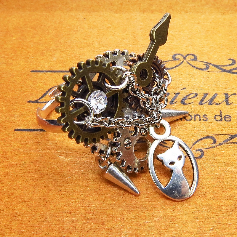 アンティークシルバー 猫と歯車の本格的スチームパンクリング フリーサイズ チェーン アンティークゴールドブロンズ