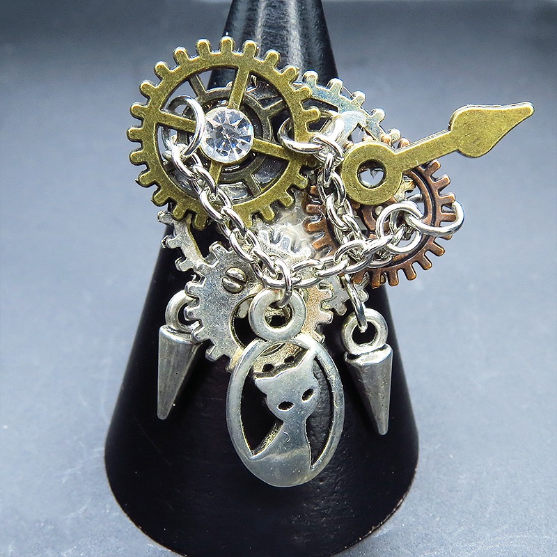 アンティークシルバー 猫と歯車の本格的スチームパンクリング フリーサイズ チェーン アンティークゴールドブロンズ