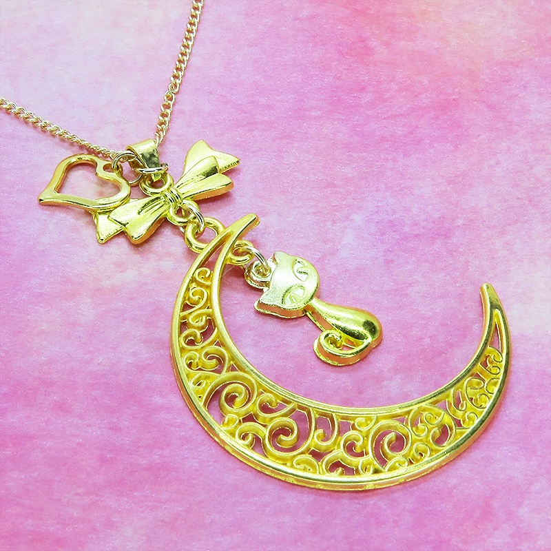ゴールドカラーの猫と透かし三日月の大人可愛いネックレス ムーンネックレス リボン ハート