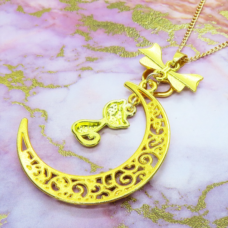 ゴールドカラーの猫と透かし三日月の大人可愛いネックレス ムーンネックレス リボン ハート