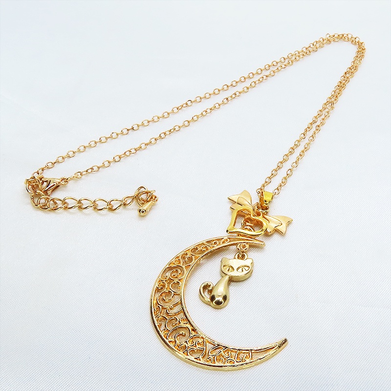 マットゴールドの猫と透かし三日月の大人可愛いネックレス ムーンネックレス リボン ハート
