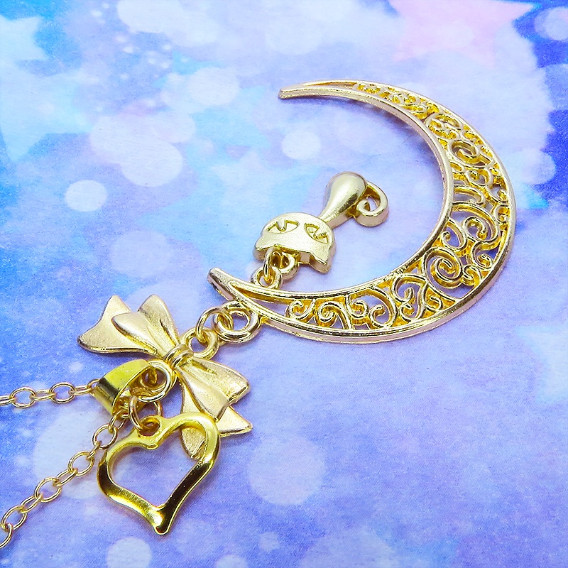 マットゴールドの猫と透かし三日月の大人可愛いネックレス ムーンネックレス リボン ハート