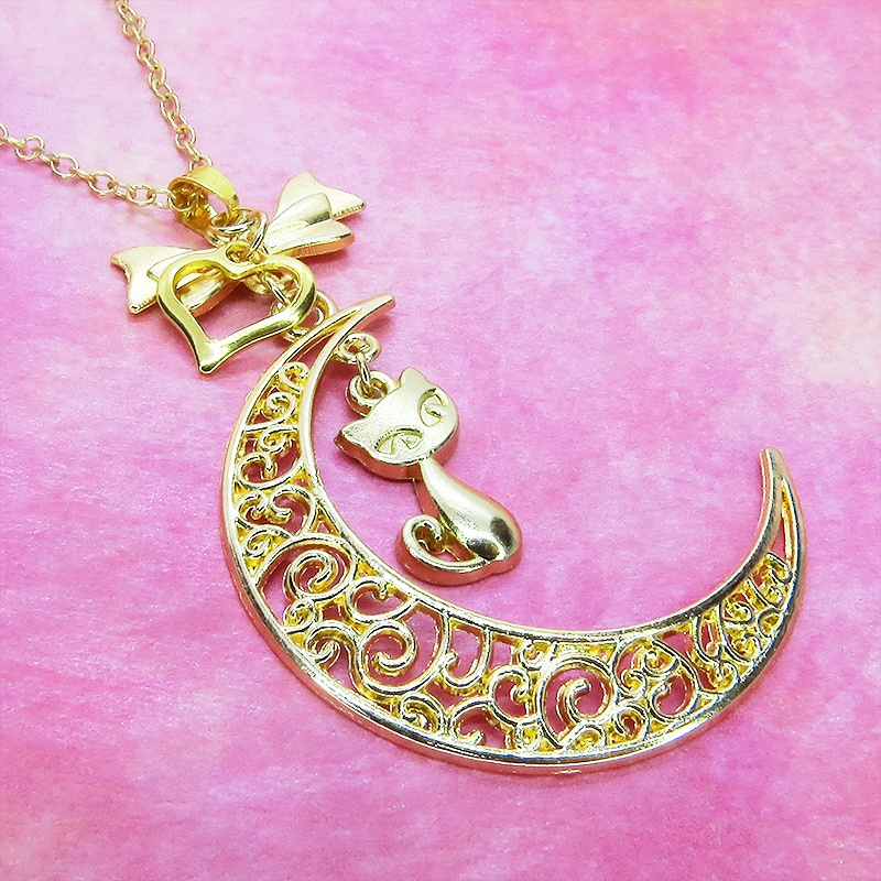 マットゴールドの猫と透かし三日月の大人可愛いネックレス ムーンネックレス リボン ハート