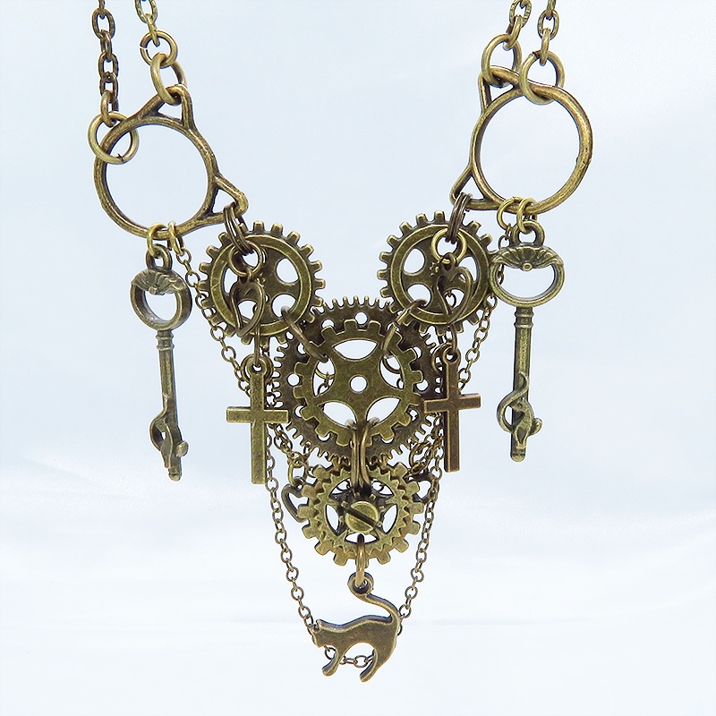 スチームパンク風 猫と歯車の多層多重ダブルチェーンネックレス 2022年デザイン Ver.01 アジャスター付