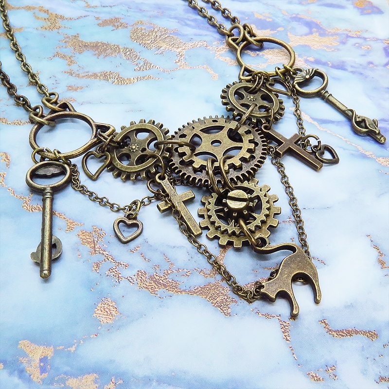 スチームパンク風 猫と歯車の多層多重ダブルチェーンネックレス 2022年デザイン Ver.01 アジャスター付