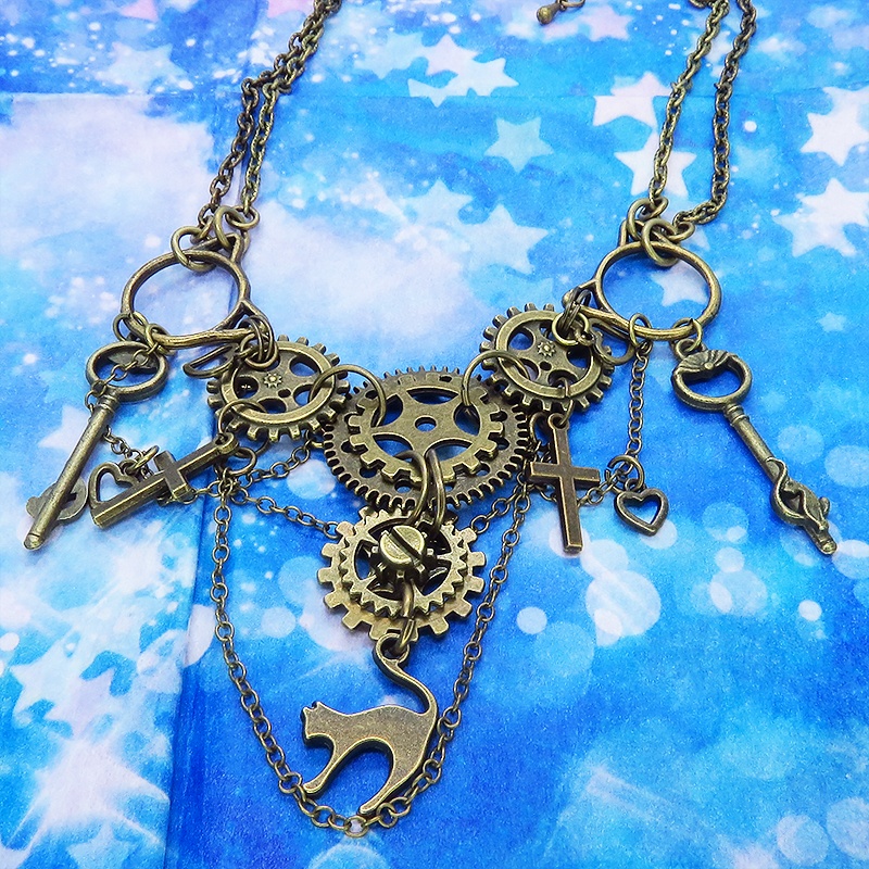 スチームパンク風 猫と歯車の多層多重ダブルチェーンネックレス 2022年デザイン Ver.01 アジャスター付