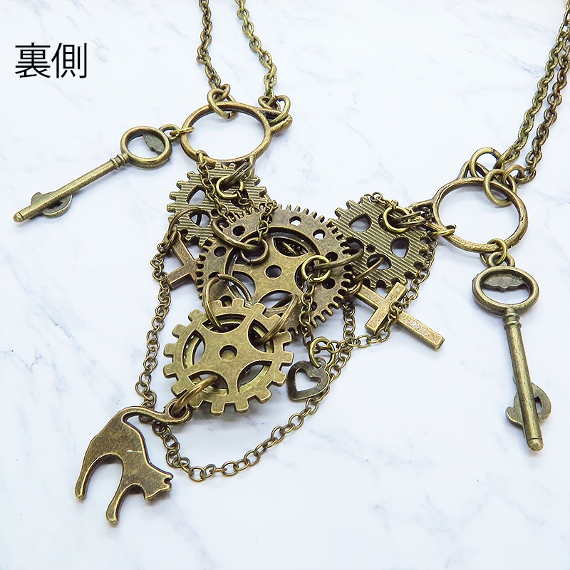 スチームパンク風 猫と歯車の多層多重ダブルチェーンネックレス 2022年デザイン Ver.01 アジャスター付
