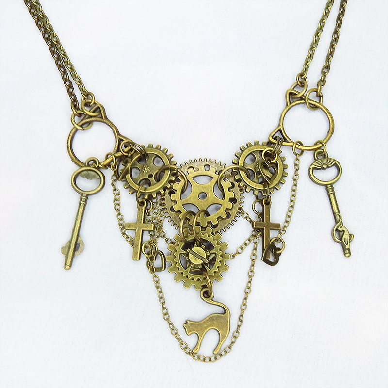 スチームパンク風 猫と歯車の多層多重ダブルチェーンネックレス 2022年デザイン Ver.01 アジャスター付