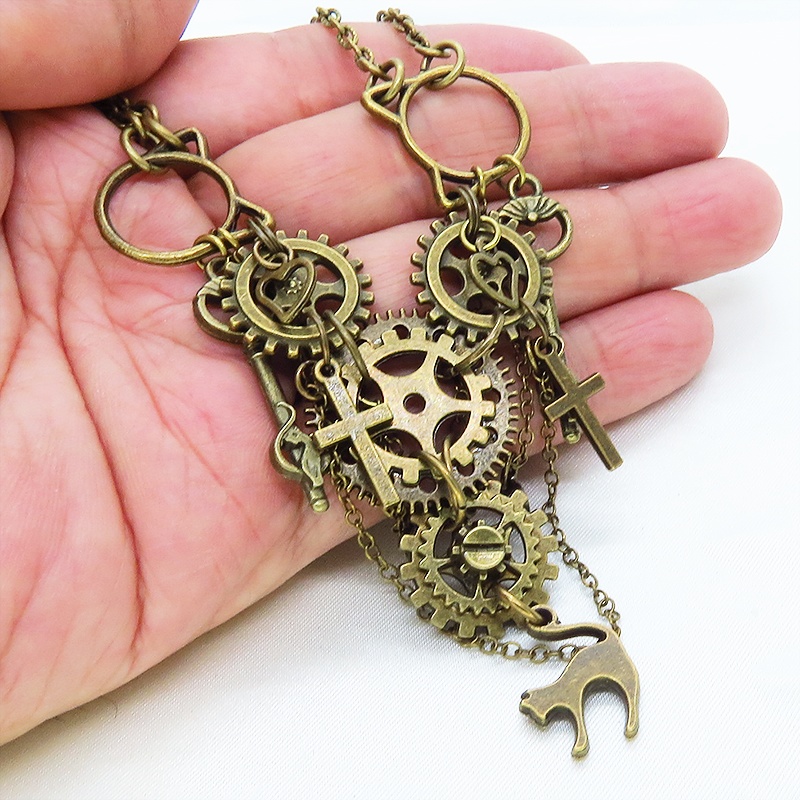スチームパンク風 猫と歯車の多層多重ダブルチェーンネックレス 2022年デザイン Ver.01 アジャスター付