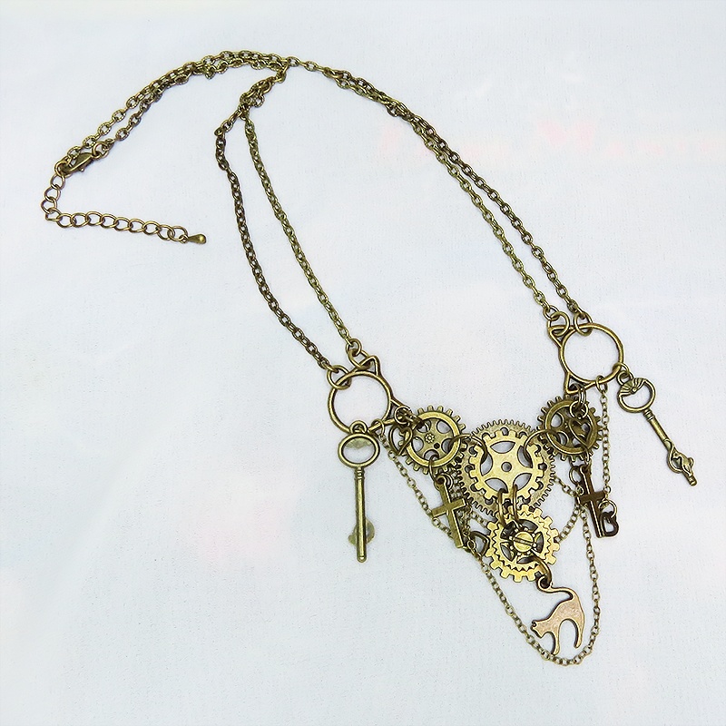 スチームパンク風 猫と歯車の多層多重ダブルチェーンネックレス 2022年デザイン Ver.01 アジャスター付
