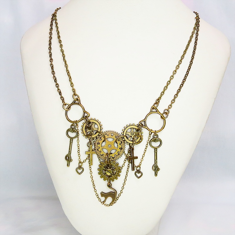 スチームパンク風 猫と歯車の多層多重ダブルチェーンネックレス 2022年デザイン Ver.01 アジャスター付