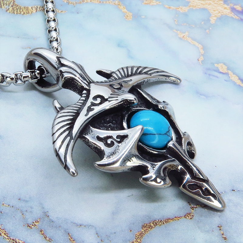シルバーカラーのイーグルモチーフのペンダントネックレス ターコイズ チタン鋼 ステンレスネックレス