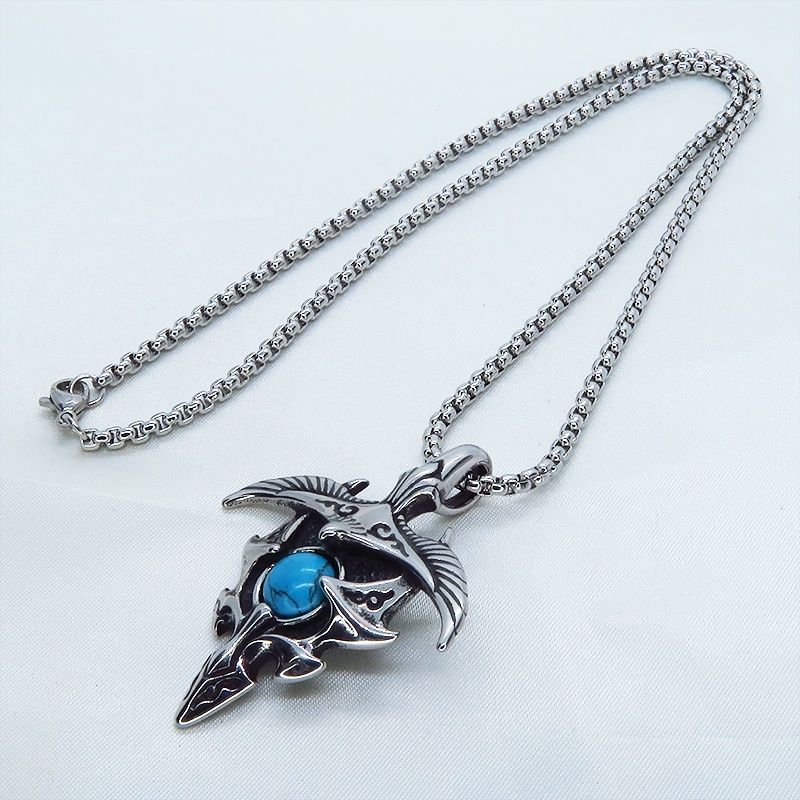 シルバーカラーのイーグルモチーフのペンダントネックレス ターコイズ チタン鋼 ステンレスネックレス