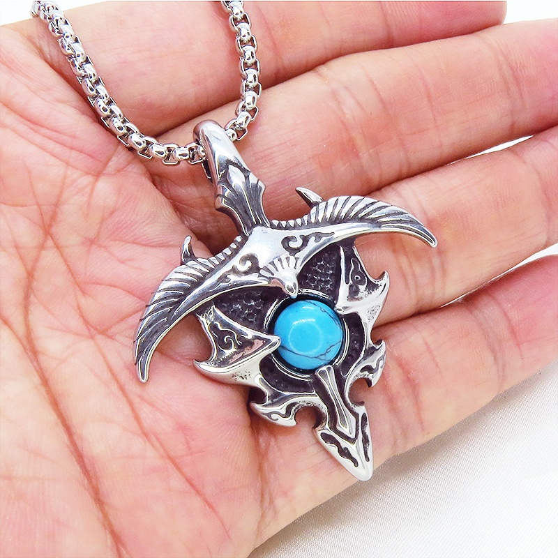 シルバーカラーのイーグルモチーフのペンダントネックレス ターコイズ チタン鋼 ステンレスネックレス