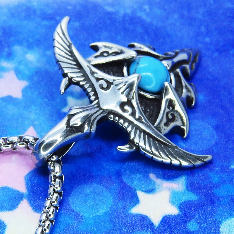シルバーカラーのイーグルモチーフのペンダントネックレス ターコイズ チタン鋼 ステンレスネックレス