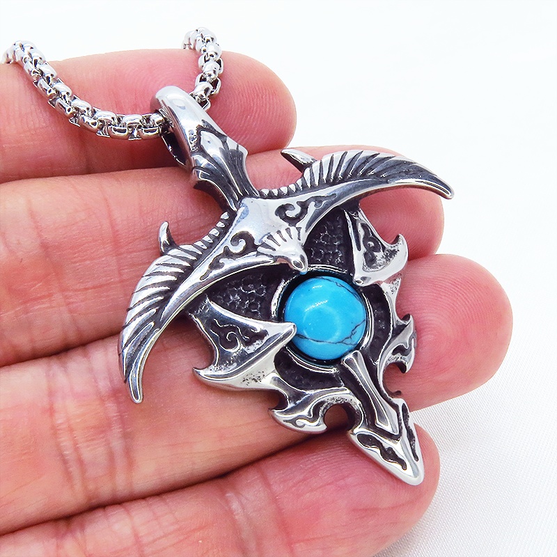 シルバーカラーのイーグルモチーフのペンダントネックレス ターコイズ チタン鋼 ステンレスネックレス