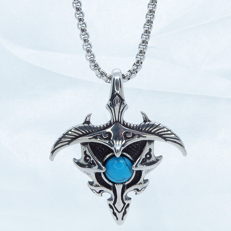 シルバーカラーのイーグルモチーフのペンダントネックレス ターコイズ チタン鋼 ステンレスネックレス