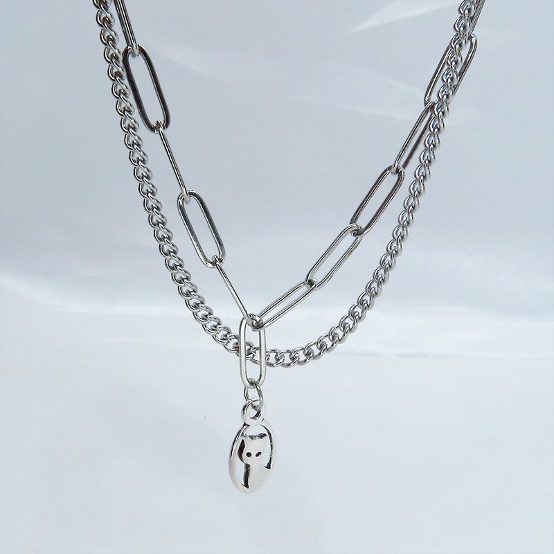 ステンレス製 シルバーカラー 猫のチャームのついたスリムなダブルチェーンブレスレット 繊細 パンク ロック エレガント