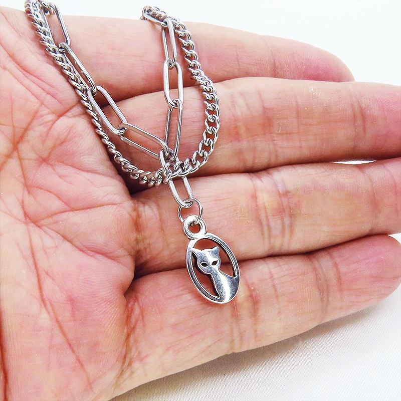 ステンレス製 シルバーカラー 猫のチャームのついたスリムなダブルチェーンブレスレット 繊細 パンク ロック エレガント