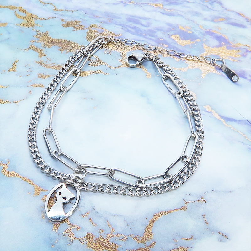 ステンレス製 シルバーカラー 猫のチャームのついたスリムなダブルチェーンブレスレット 繊細 パンク ロック エレガント