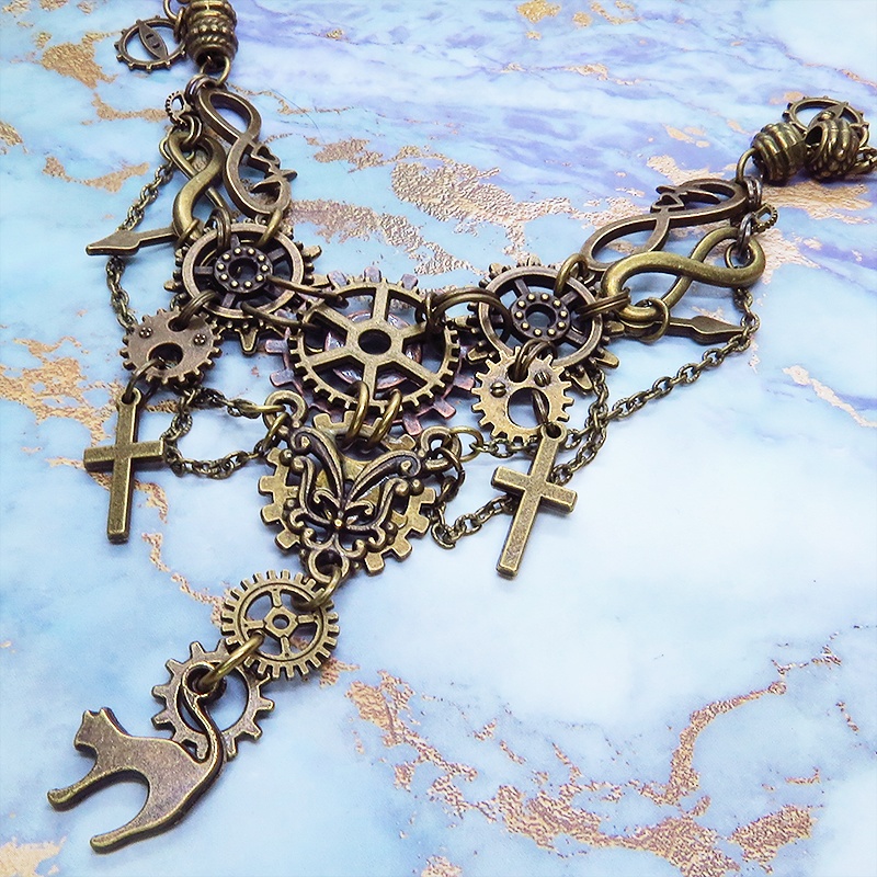 スチームパンク風 猫と歯車の多層多重ネックレス 首飾り アンティークカラー 2022年デザイン Ver.02