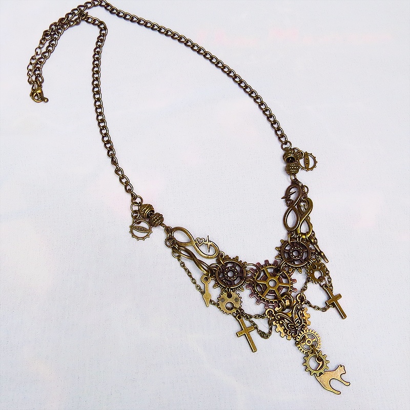 スチームパンク風 猫と歯車の多層多重ネックレス 首飾り アンティークカラー 2022年デザイン Ver.02