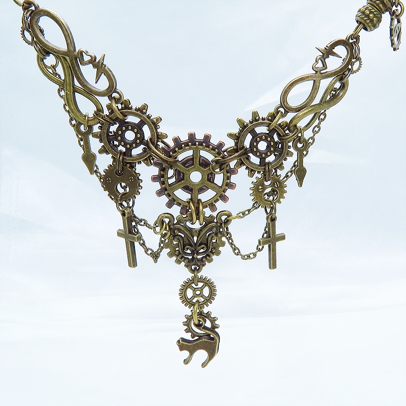 スチームパンク風 猫と歯車の多層多重ネックレス 首飾り アンティークカラー 2022年デザイン Ver.02