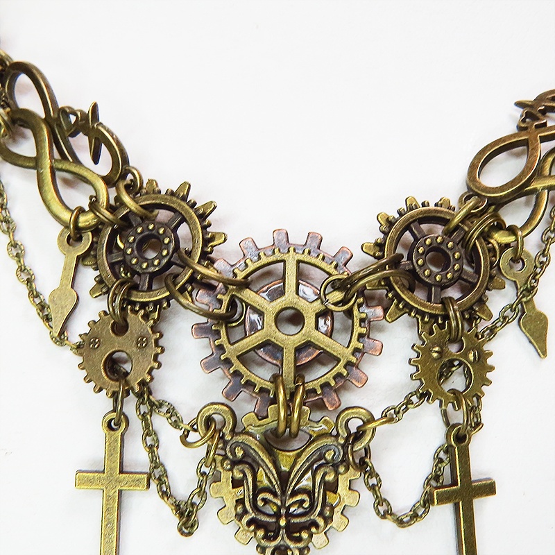 スチームパンク風 猫と歯車の多層多重ネックレス 首飾り アンティークカラー 2022年デザイン Ver.02