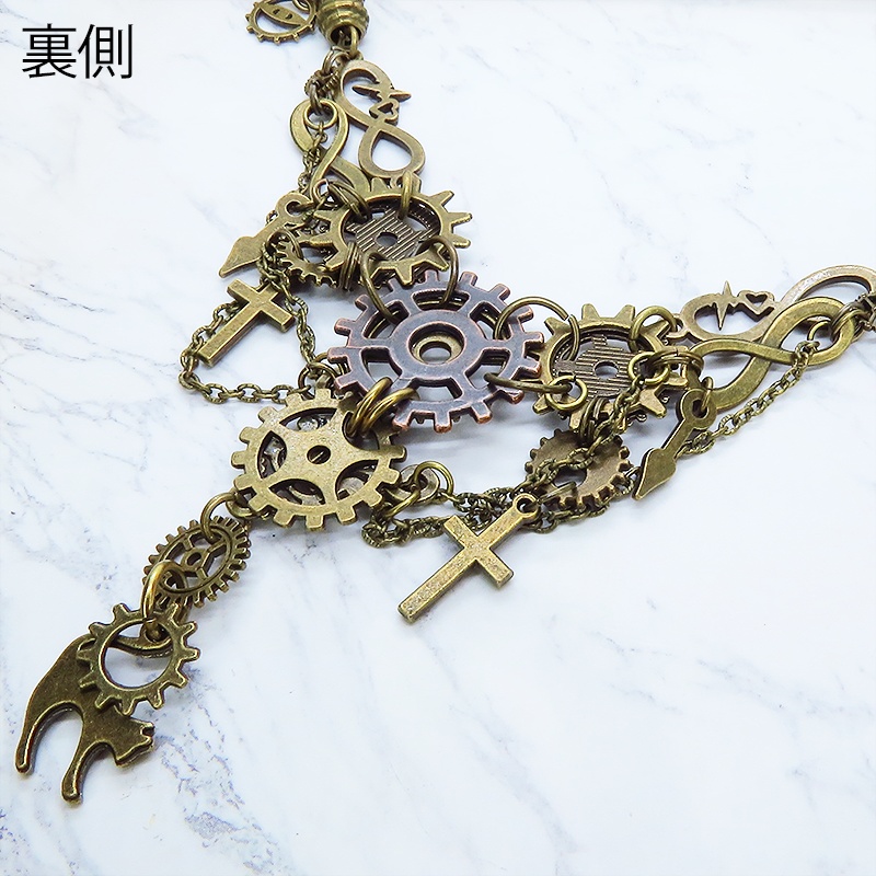 スチームパンク風 猫と歯車の多層多重ネックレス 首飾り アンティークカラー 2022年デザイン Ver.02