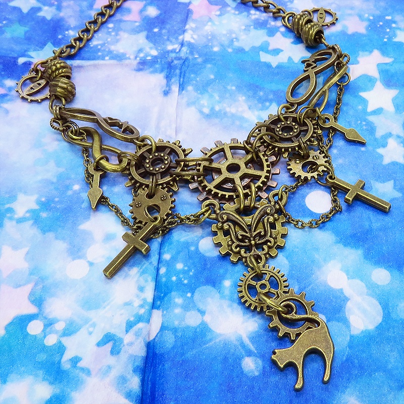 スチームパンク風 猫と歯車の多層多重ネックレス 首飾り アンティークカラー 2022年デザイン Ver.02