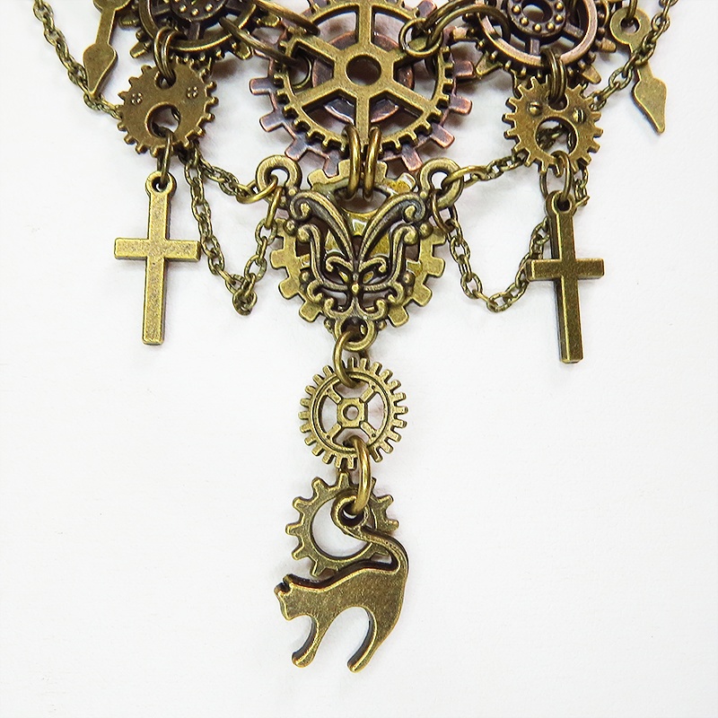 スチームパンク風 猫と歯車の多層多重ネックレス 首飾り アンティークカラー 2022年デザイン Ver.02