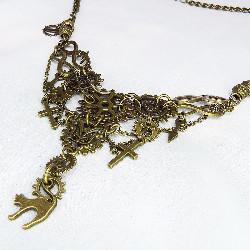 スチームパンク風 猫と歯車の多層多重ネックレス 首飾り アンティークカラー 2022年デザイン Ver.02